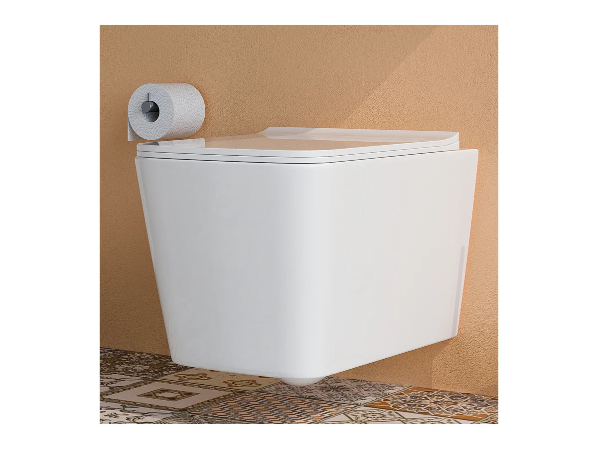 Vaso WC SOSPESO filomuro RIMLESS in ceramica con sedile coprivaso softclose CUBE