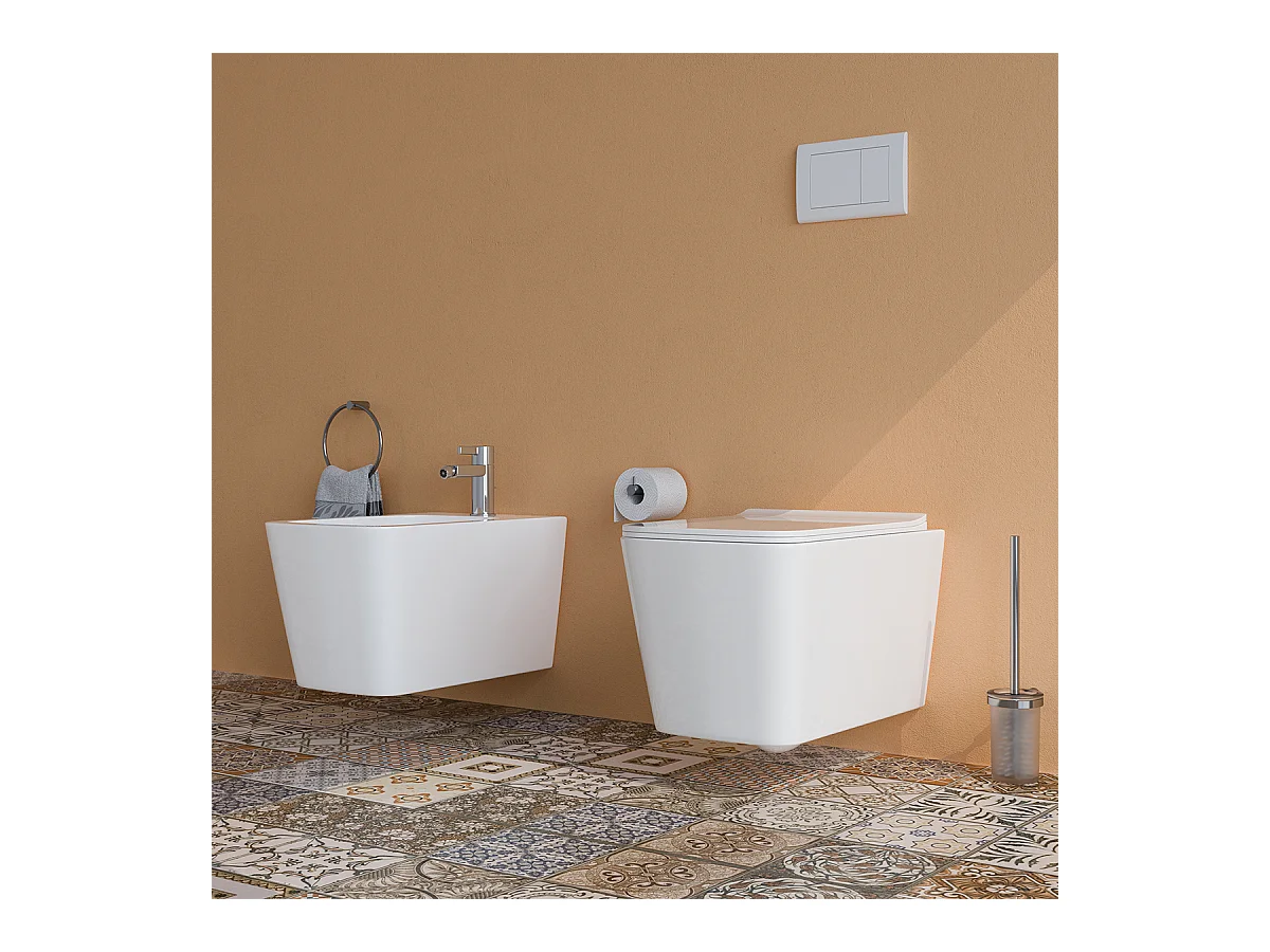 Vaso WC SOSPESO filomuro RIMLESS in ceramica con sedile coprivaso softclose CUBE