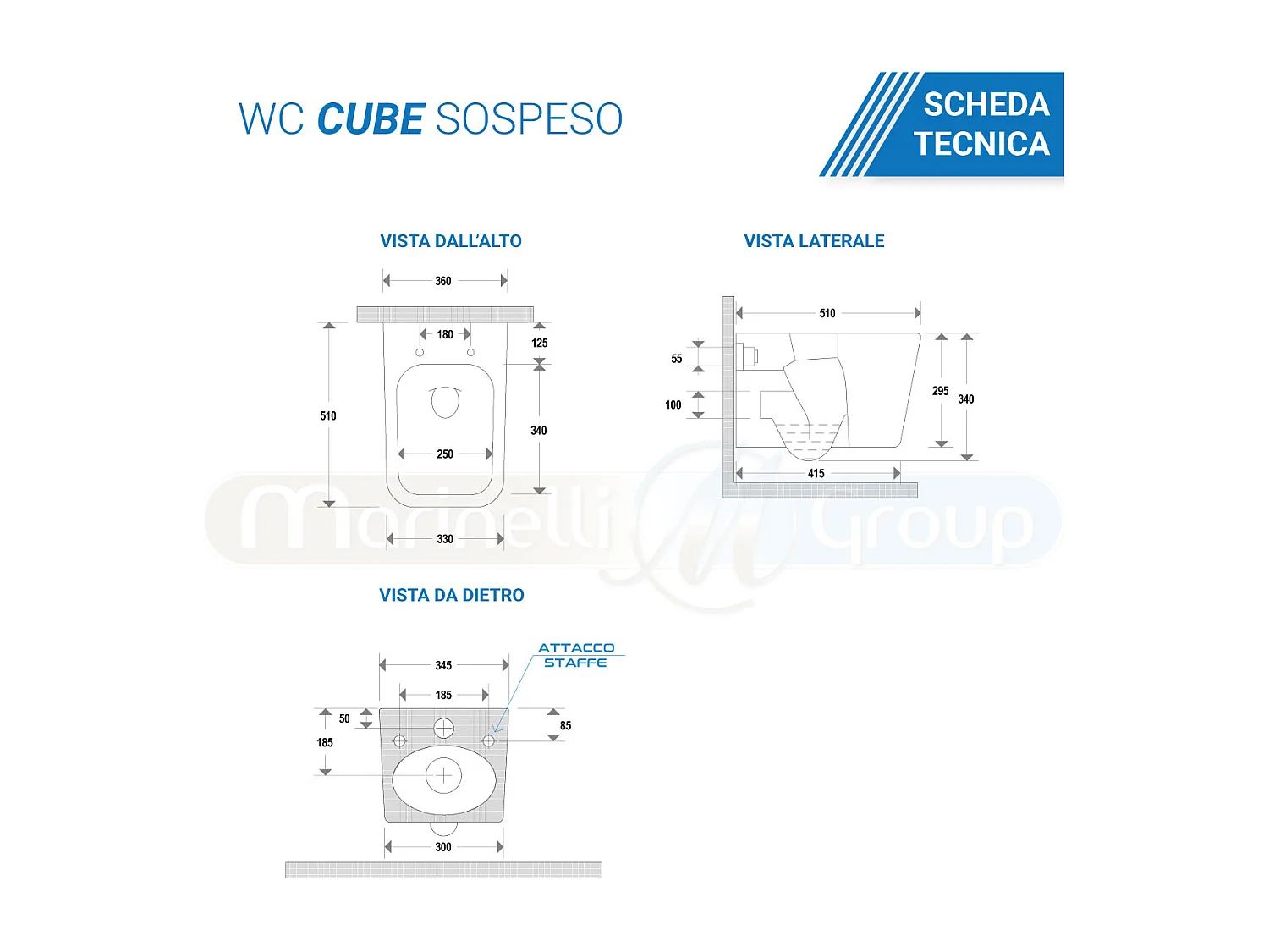 Vaso WC SOSPESO filomuro RIMLESS in ceramica con sedile coprivaso softclose CUBE