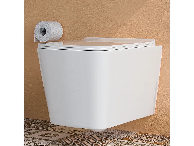 Vaso WC SOSPESO filomuro RIMLESS in ceramica con sedile coprivaso softclose CUBE