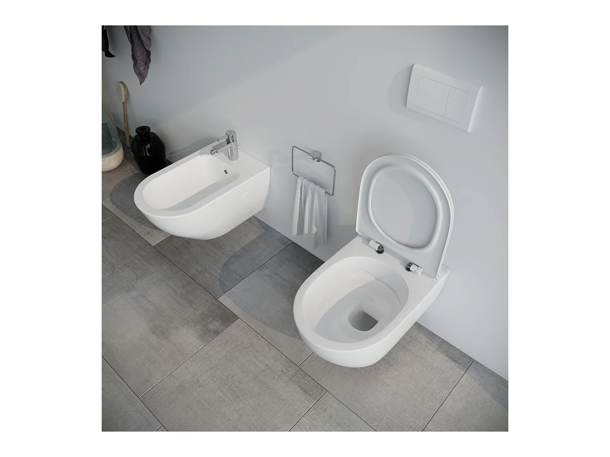 Vaso WC SOSPESO filomuro RIMLESS in ceramica con sedile coprivaso softclose - Fast