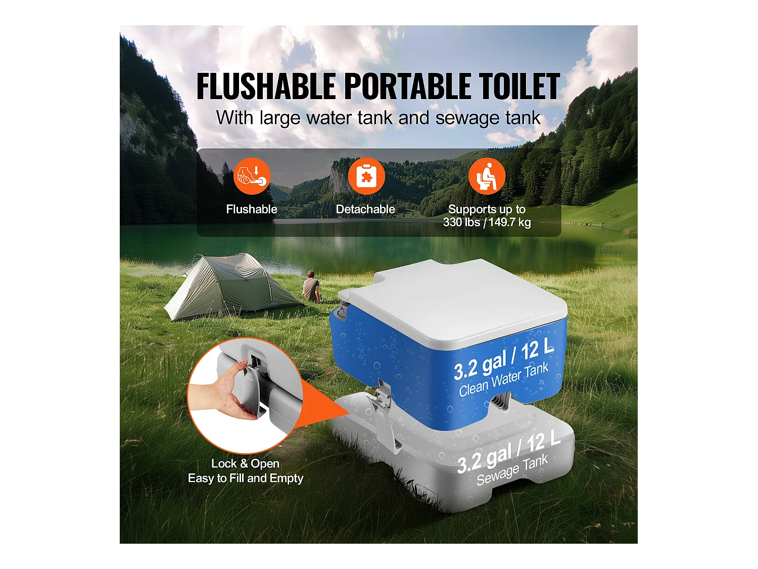 Toilette Portable SucceBuy 12 L, Toilette Portable pour Camping Voyage avec Chasse d’Eau Réservoir