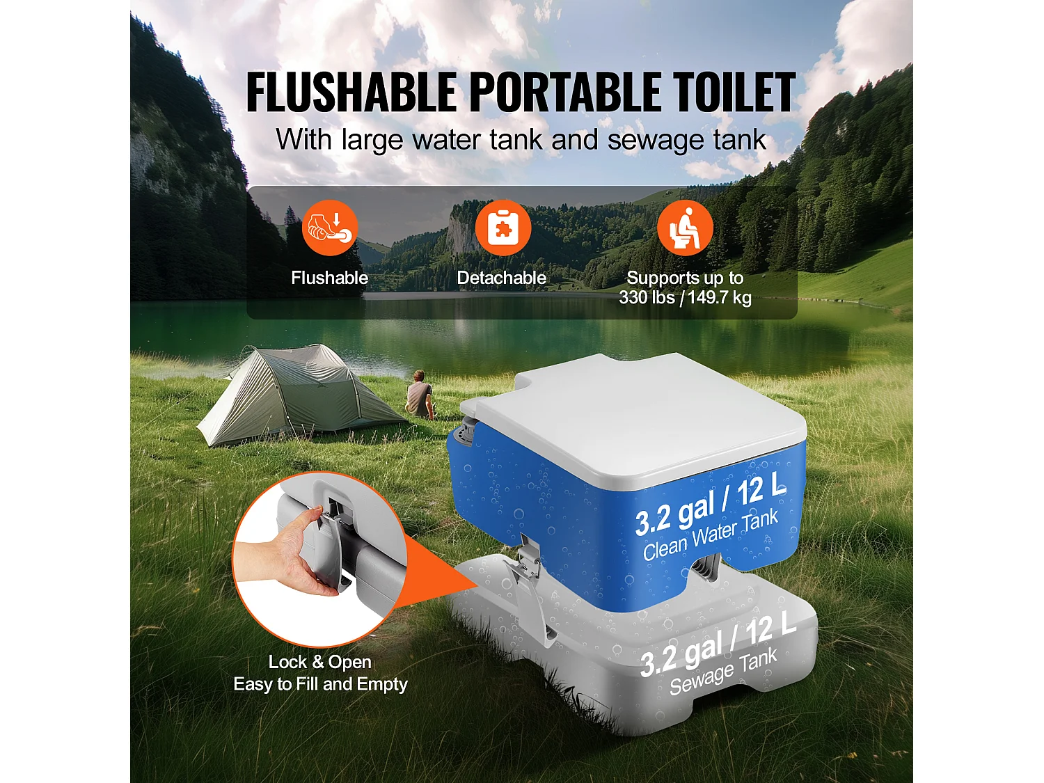 Toilette Portable SucceBuy 12 L, Toilette Portable pour Camping Voyage avec Chasse d’Eau Réservoir