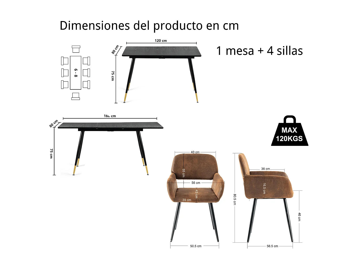 URBAN MEUBLE Ensemble table extensible effet bois noire 120-160 et 4 chaises style scandinave retro