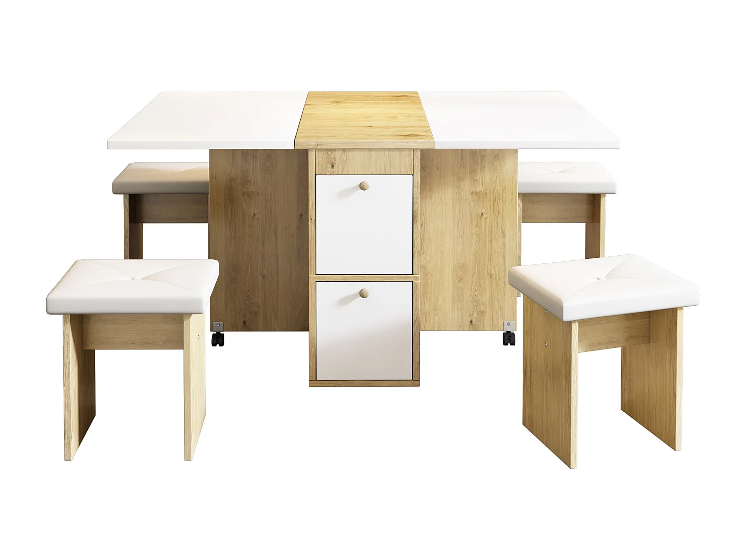 Ensemble table extensible et 4 chaises blanches, en PU et bois