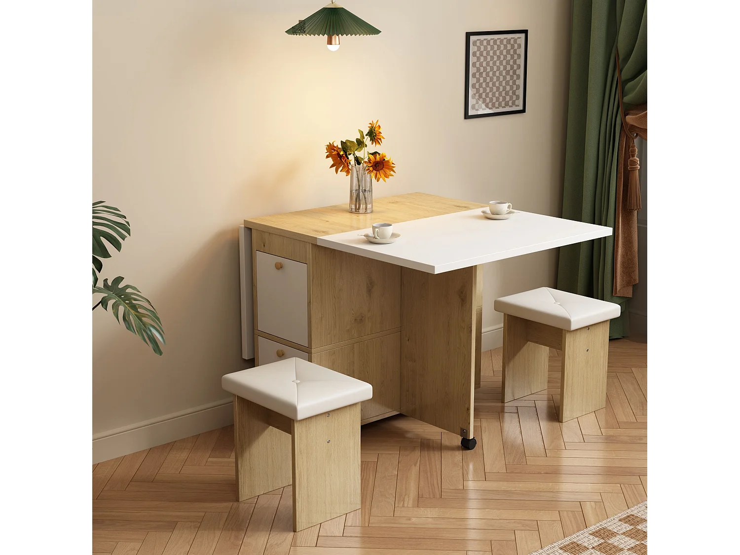 Ensemble table extensible et 4 chaises blanches, en PU et bois