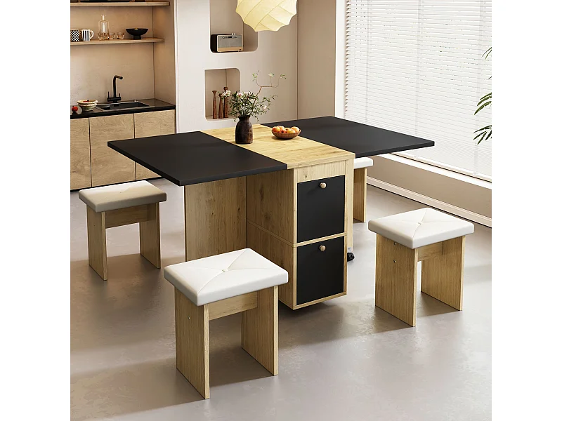 Conjunto de mesa extensível preta e 4 cadeiras brancas, em PU e madeira