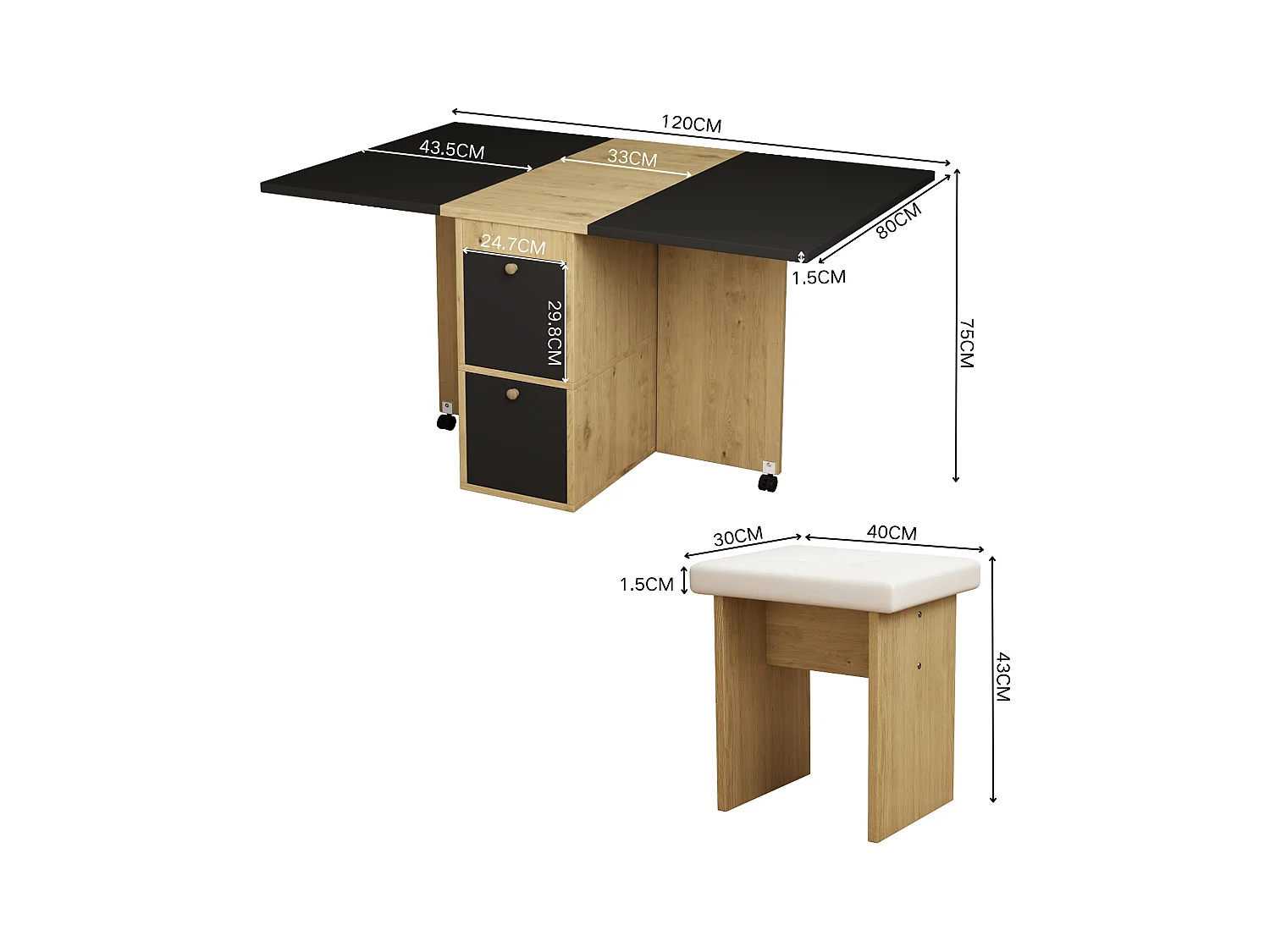 Ensemble table noire extensible et 4 chaises blanches, en PU et bois