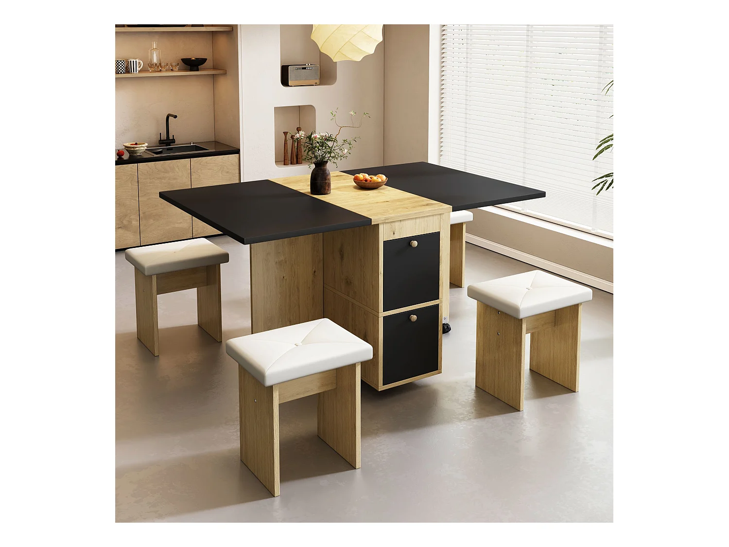 Set tavolo allungabile nero e 4 sedie bianche, in PU e legno