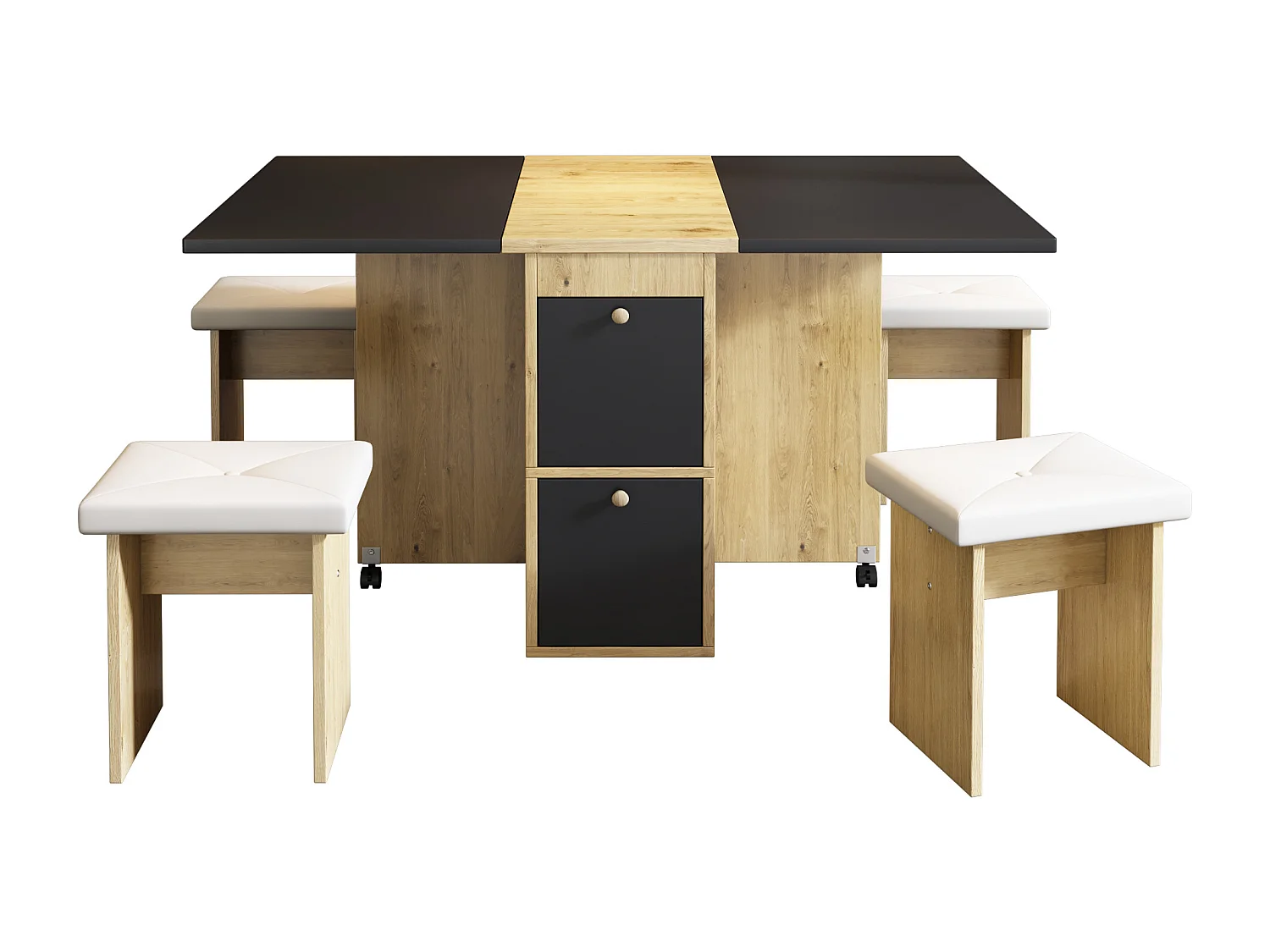 Ensemble table noire extensible et 4 chaises blanches, en PU et bois