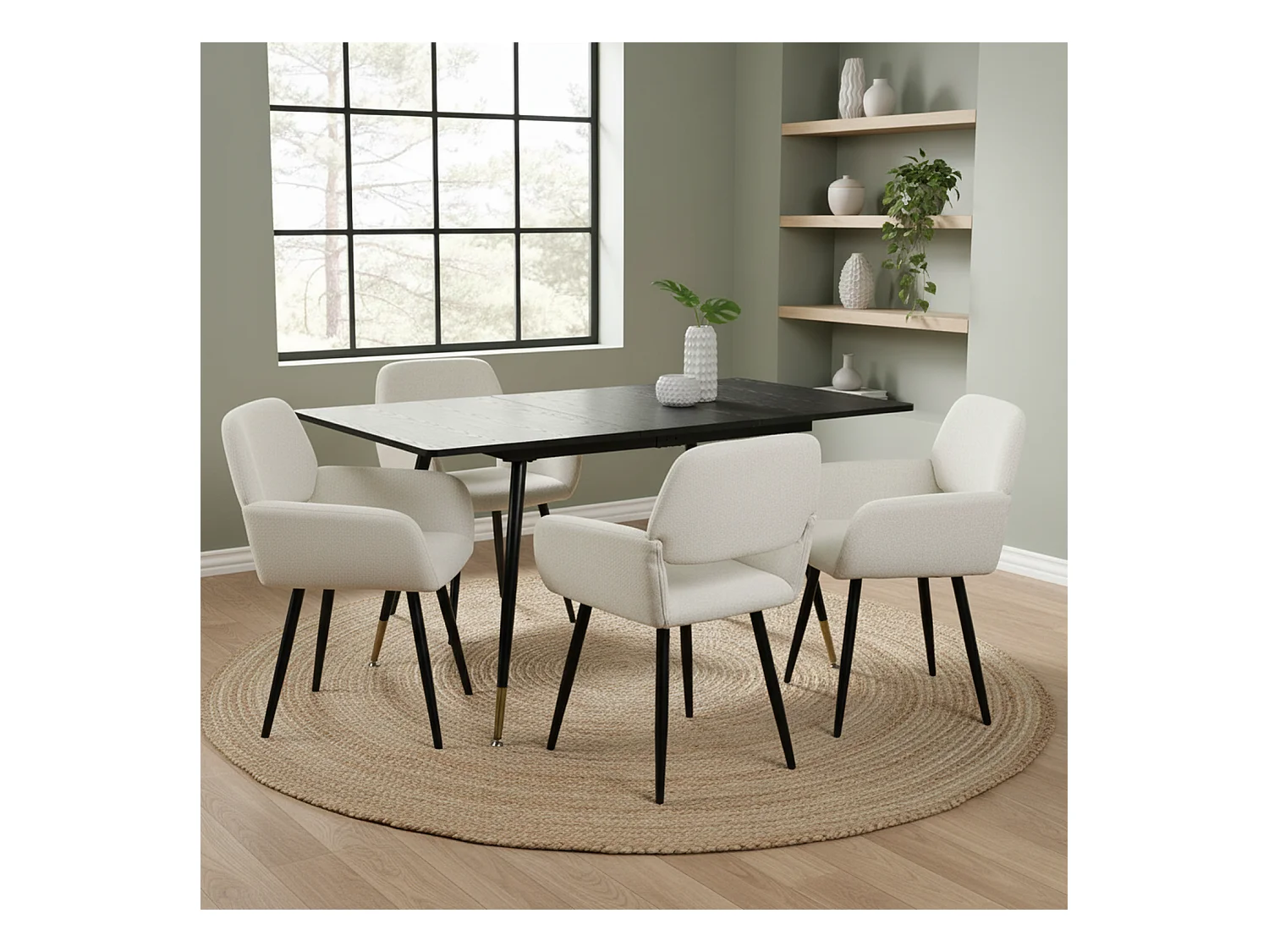 URBAN MEUBLE Ensemble table extensible effet bois noire 120-160 et 4 chaises tissu beige