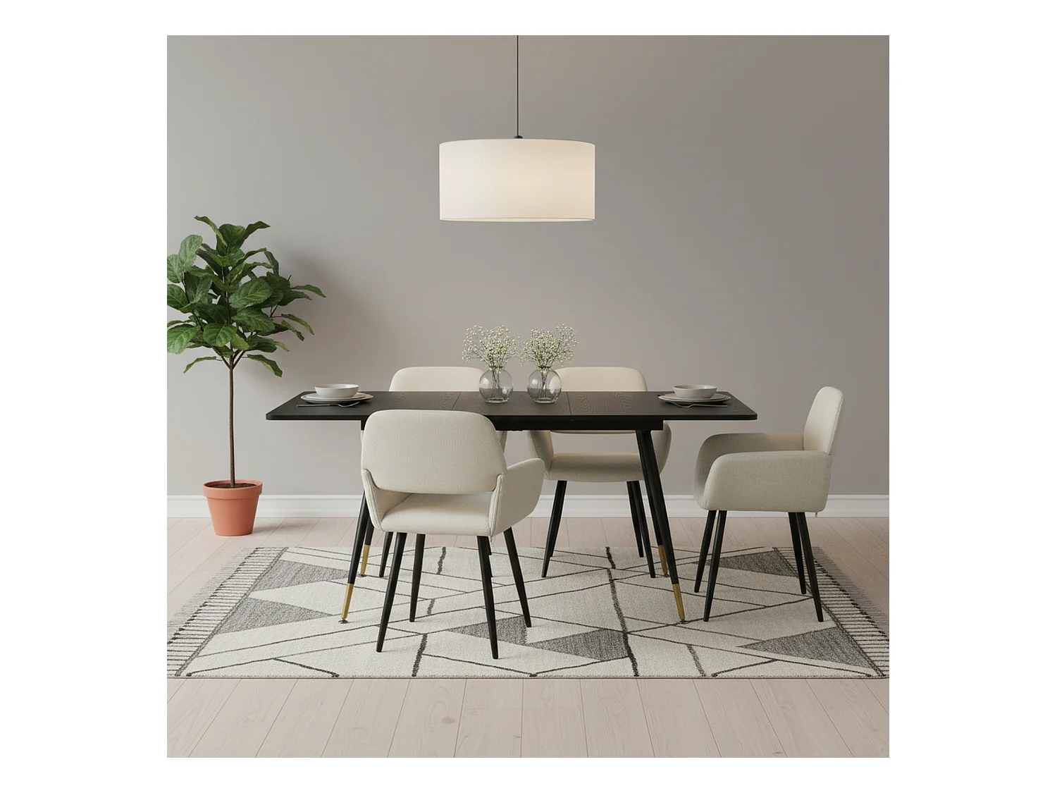 URBAN MEUBLE Ensemble table extensible effet bois noire 120-160 et 4 chaises tissu beige