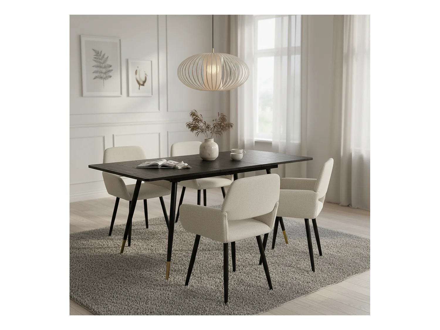 URBAN MEUBLE Ensemble table extensible effet bois noire 120-160 et 4 chaises tissu beige