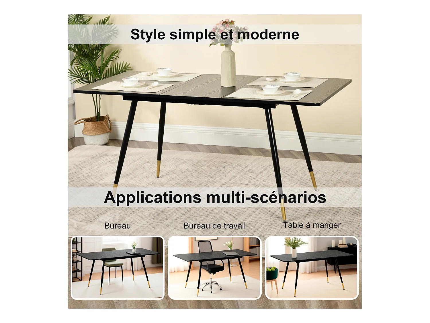 URBAN MEUBLE Ensemble table extensible effet bois noire 120-160 et 4 chaises tissu beige