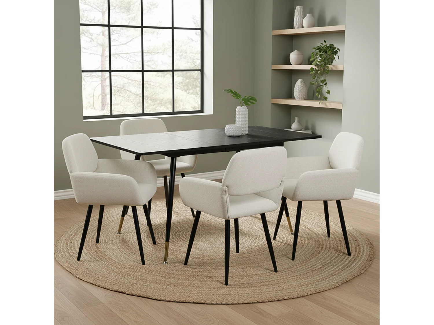 URBAN MEUBLE Ensemble table extensible effet bois noire 120-160 et 4 chaises tissu beige