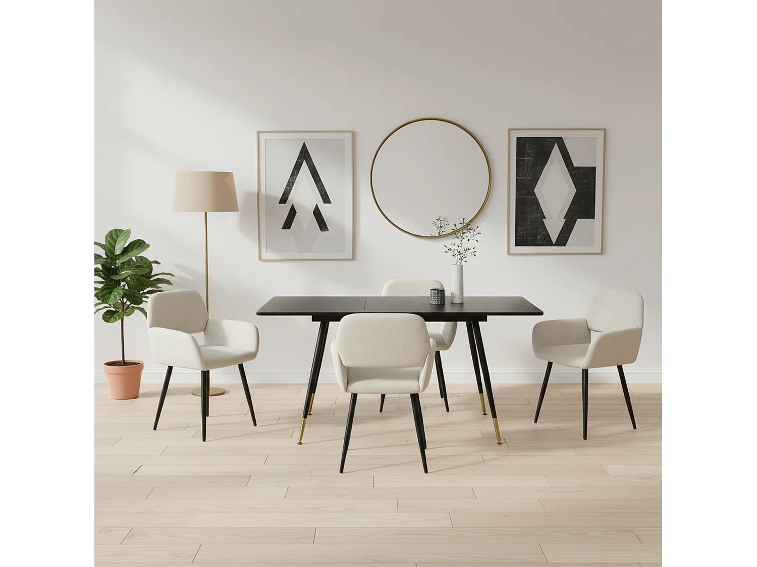 URBAN MEUBLE Ensemble table extensible effet bois noire 120-160 et 4 chaises tissu beige