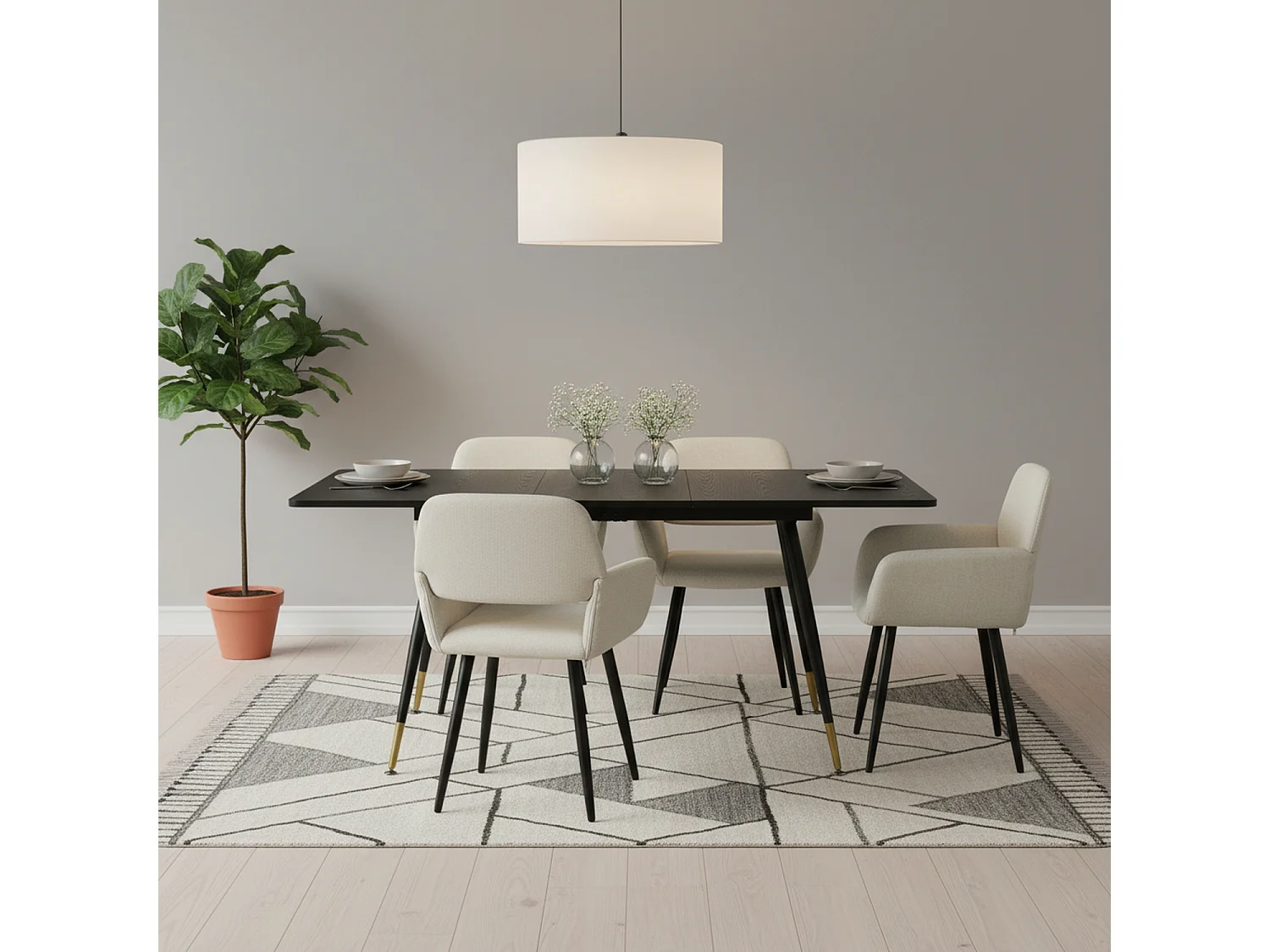 URBAN MEUBLE Ensemble table extensible effet bois noire 120-160 et 4 chaises tissu beige