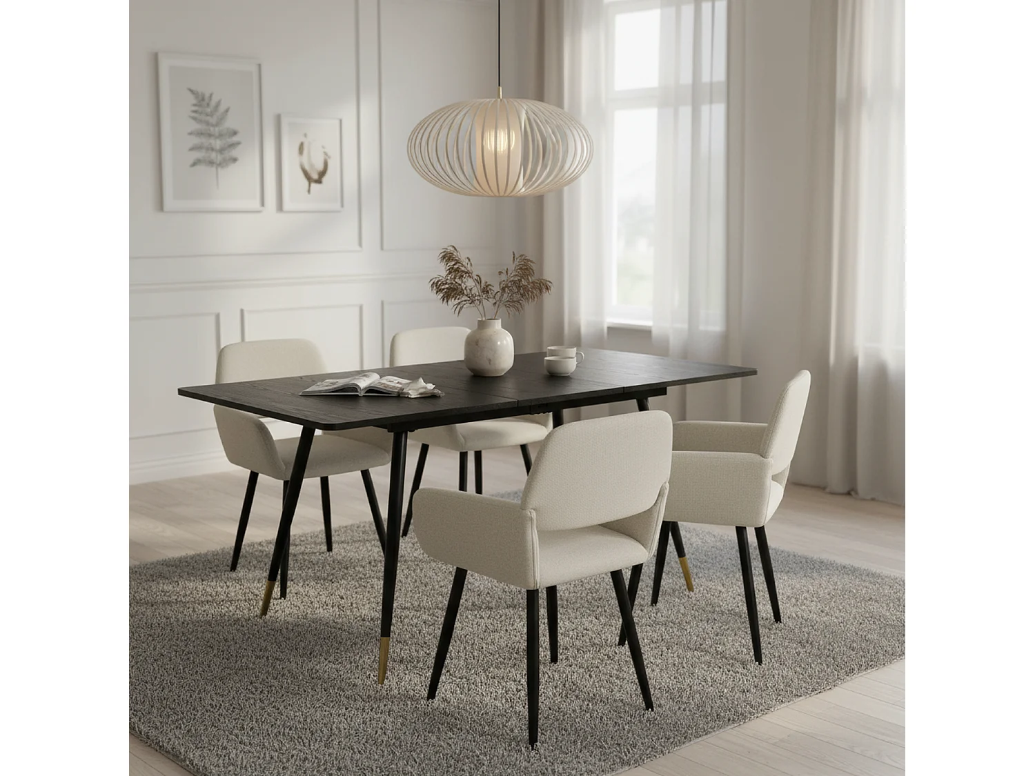 URBAN MEUBLE Ensemble table extensible effet bois noire 120-160 et 4 chaises tissu beige