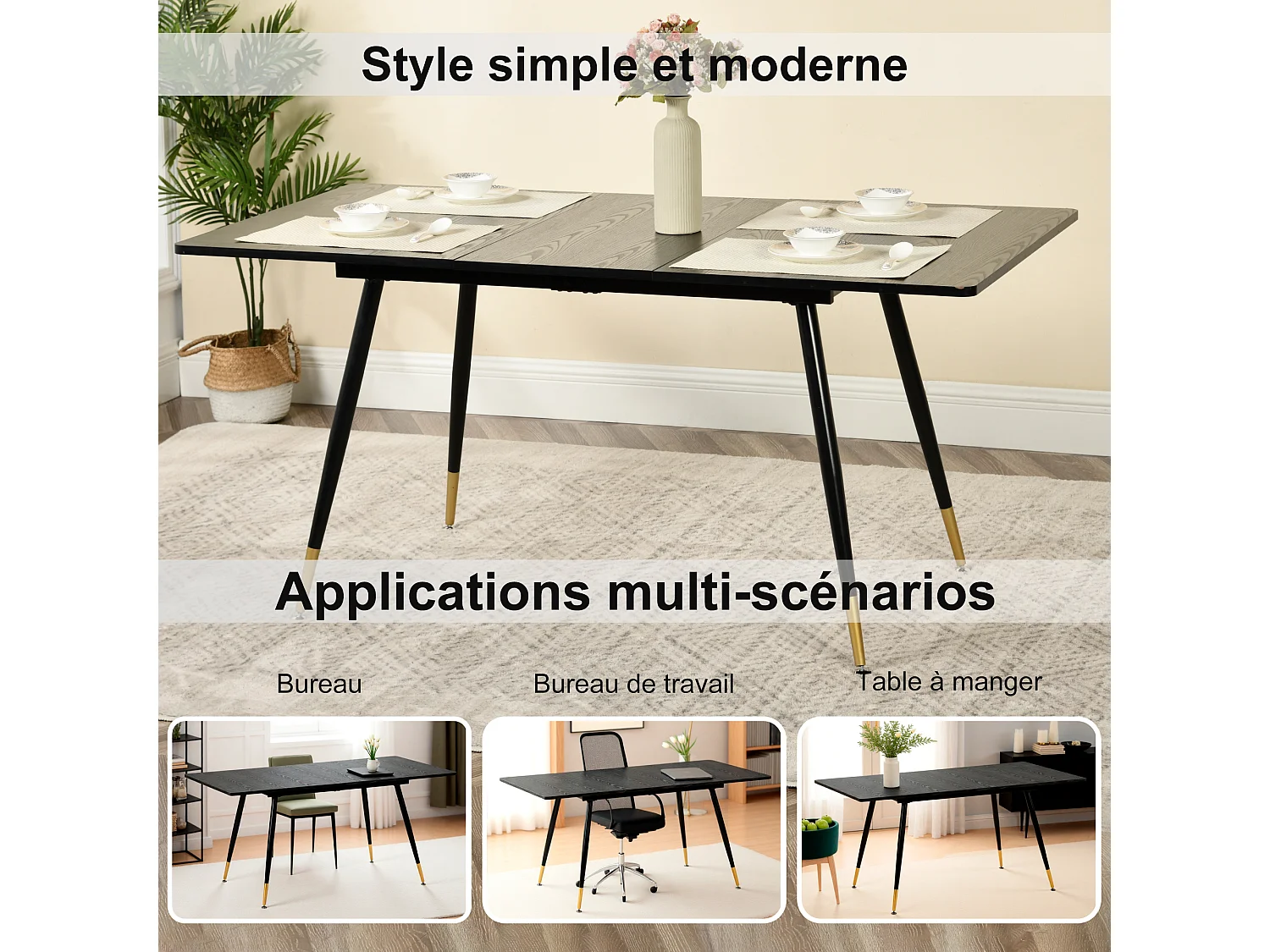 URBAN MEUBLE Ensemble table extensible effet bois noire 120-160 et 4 chaises tissu beige