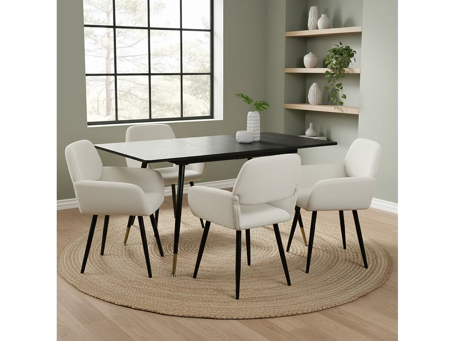 URBAN MEUBLE Ensemble table extensible effet bois noire 120-160 et 4 chaises tissu beige
