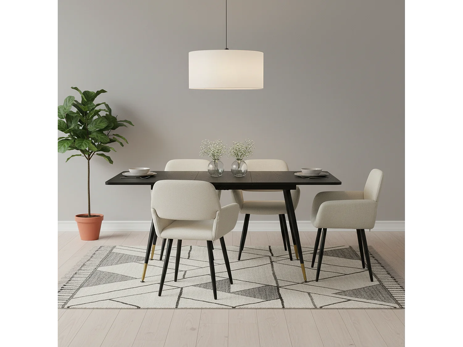 URBAN MEUBLE Ensemble table extensible effet bois noire 120-160 et 4 chaises tissu beige