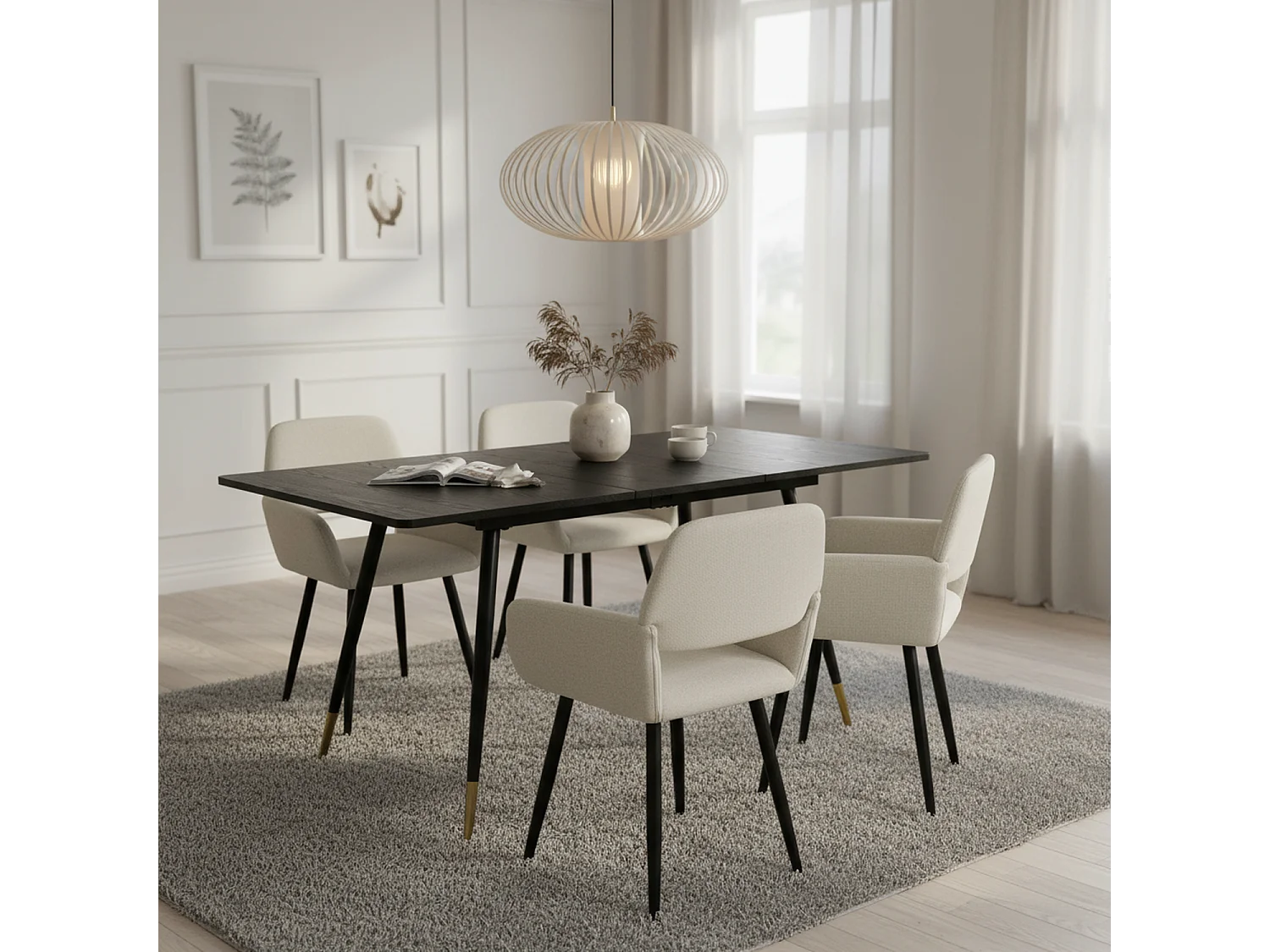 URBAN MEUBLE Ensemble table extensible effet bois noire 120-160 et 4 chaises tissu beige