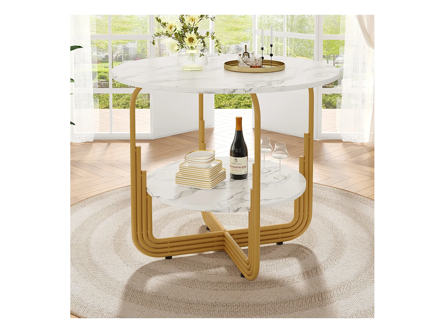 Table à manger 4 palces - 80 x 80 x 76cm - petit plateau rond au milieu pour le rangement - MDF - blanc + doré