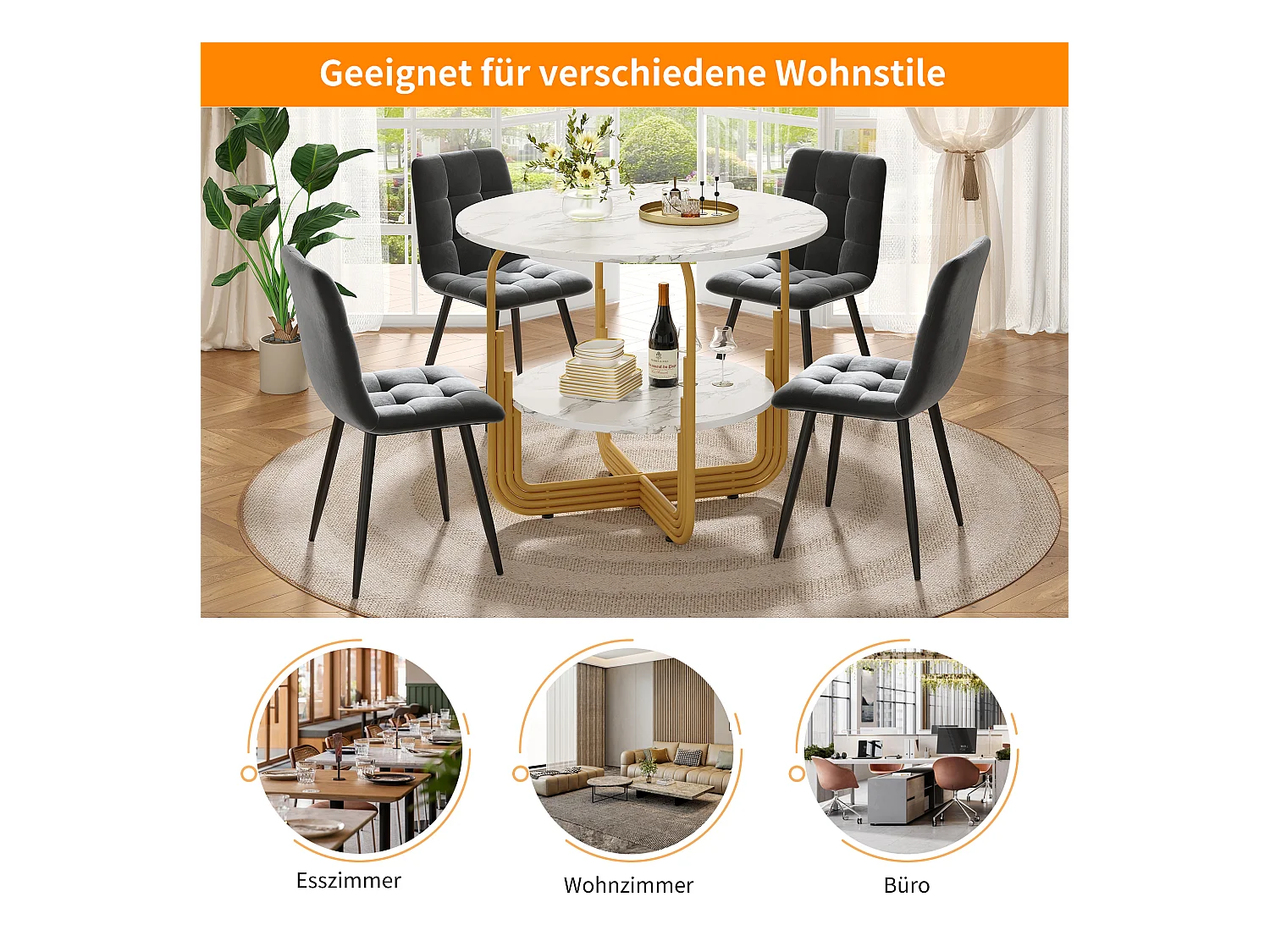 Table à manger 4 palces - 80 x 80 x 76cm - petit plateau rond au milieu pour le rangement - MDF - blanc + doré