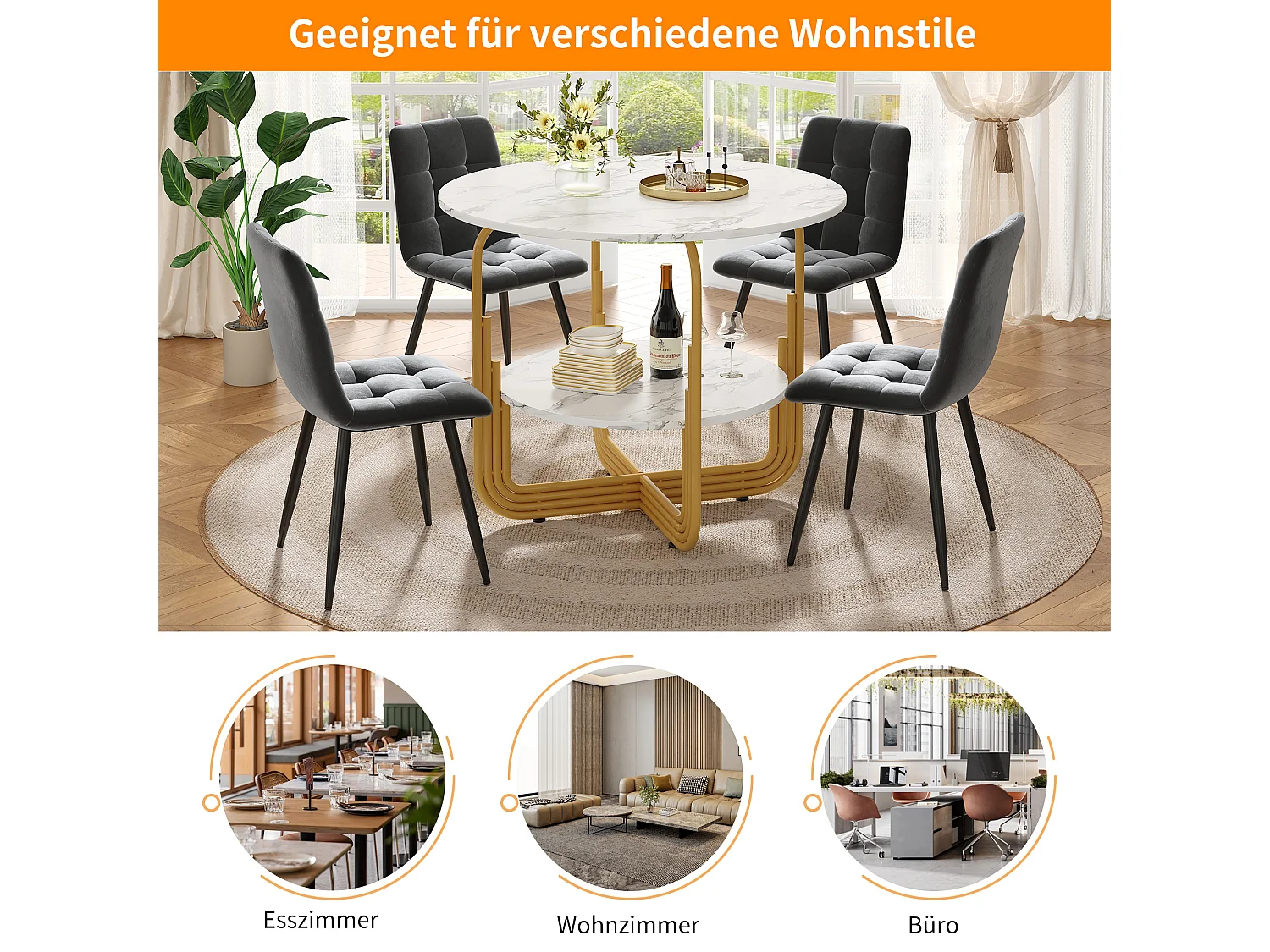 Table à manger 4 palces - 80 x 80 x 76cm - petit plateau rond au milieu pour le rangement - MDF - blanc + doré