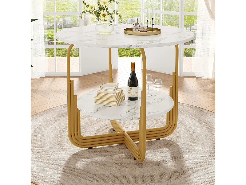 Table à manger 4 palces - 80 x 80 x 76cm - petit plateau rond au milieu pour le rangement - MDF - blanc + doré