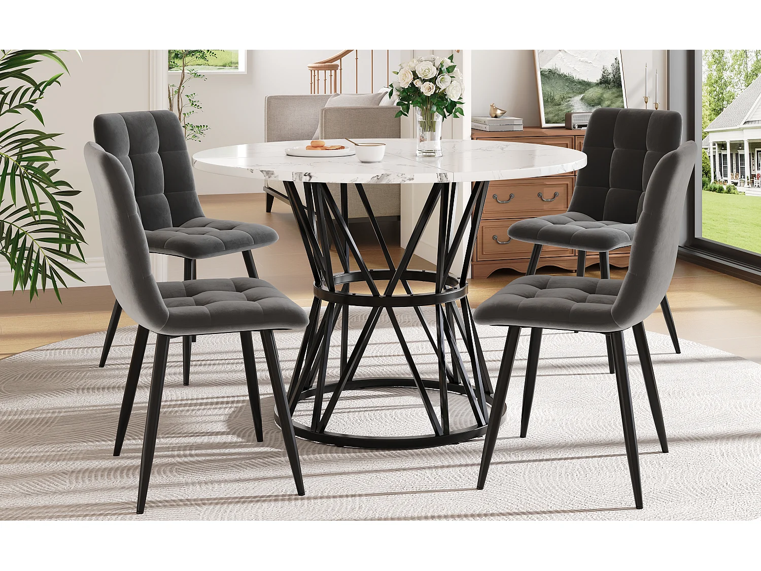 Conjunto de 5 mesas y sillas de comedor - 100 x 100 x 76 cm - Mesa de MDF + 4 sillas de terciopelo - MDF + Metal - negro