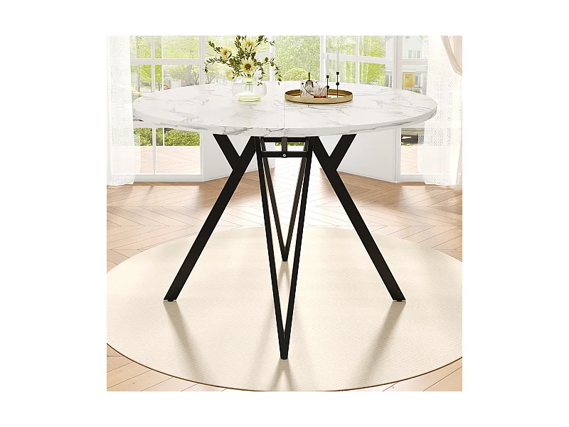 Esstisch für 4 Personen – 100 x 100 x 76 cm – runder Tisch mit Metallbeinen – marmorierte MDF-Platte – MDF + Metall – schwarz