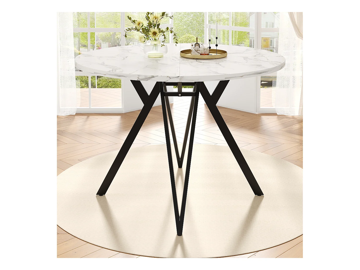 Table à manger 4 places - 100 x 100 x 76 cm - table ronde pieds en métal -  plateau en MDF marbré  - MDF + Métal - noir