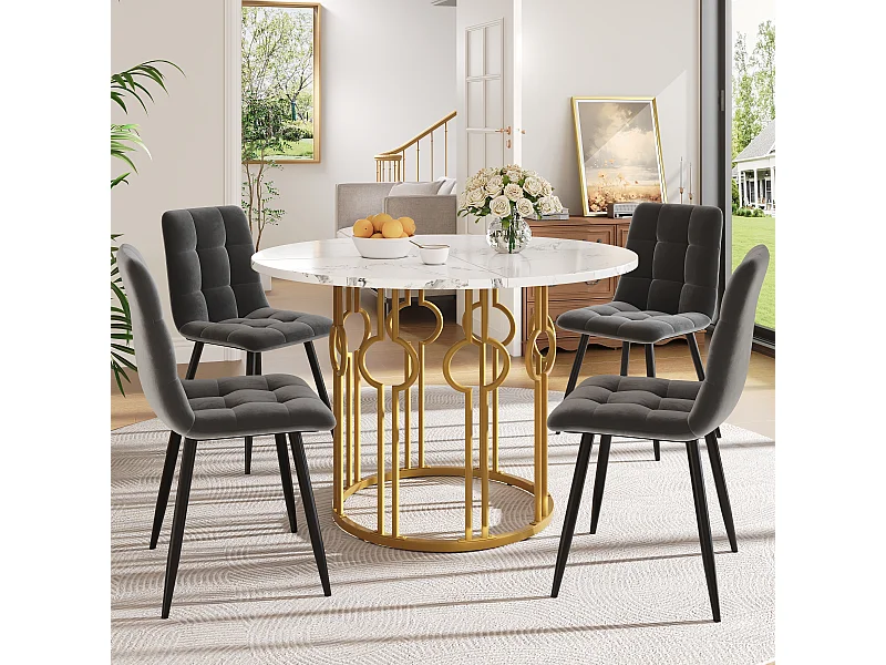 Conjunto de 5 mesas e cadeiras de jantar - 100 x 100 x 76 cm - Mesa com tampo em MDF + 4 cadeiras de veludo - MDF + Metal - branco