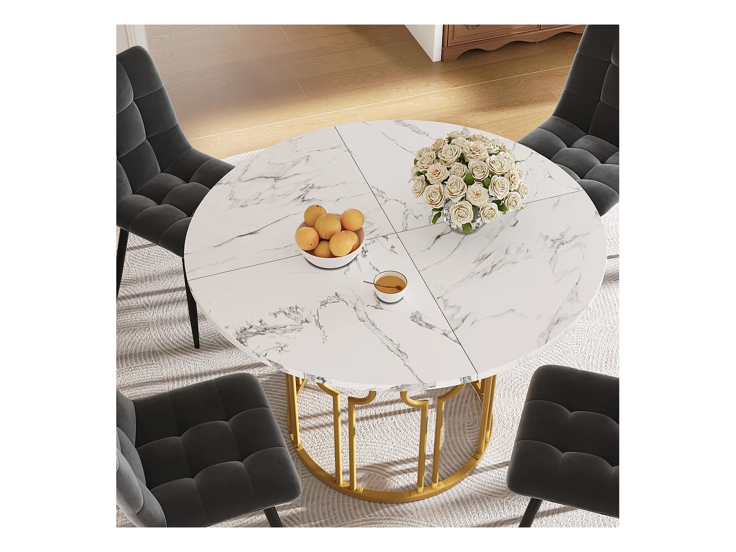 Lot de 5 table à manger et chaises - 100 x 100 x 76 cm -  table plateau en MDF + 4 chaises en velours - MDF + Métal - blanc