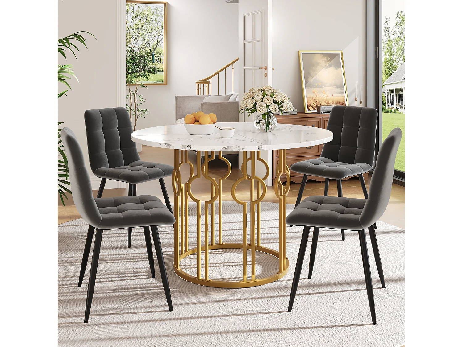 Lot de 5 table à manger et chaises - 100 x 100 x 76 cm -  table plateau en MDF + 4 chaises en velours - MDF + Métal - blanc