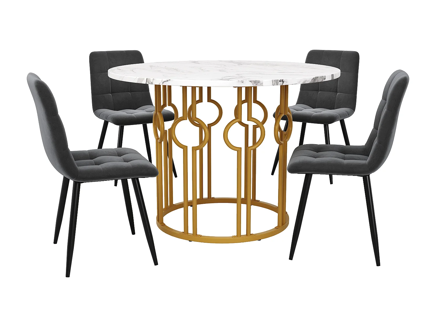 Lot de 5 table à manger et chaises - 100 x 100 x 76 cm -  table plateau en MDF + 4 chaises en velours - MDF + Métal - blanc