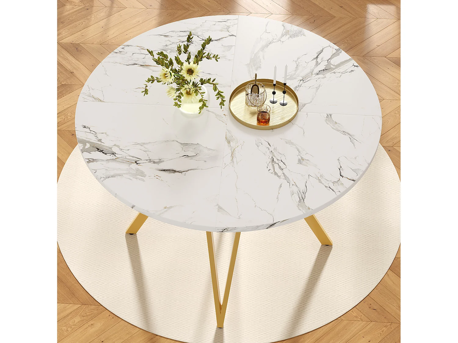 Table à manger 4 places - 100 x 100 x 76 cm - table ronde pieds en métal -  plateau en MDF marbré  - MDF + Métal - blanc