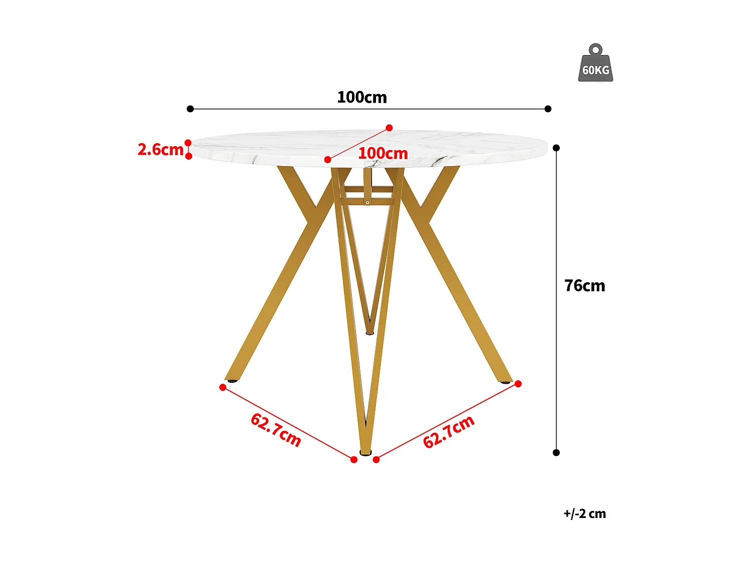 Table à manger 4 places - 100 x 100 x 76 cm - table ronde pieds en métal -  plateau en MDF marbré  - MDF + Métal - blanc
