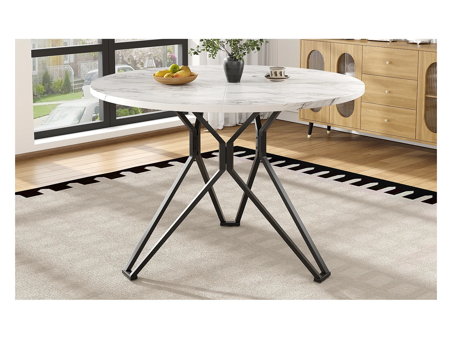 Table à manger 4 places - 100 x 100 x 76 cm - table ronde pieds en métal -  plateau en MDF marbré  - MDF + Métal - noir