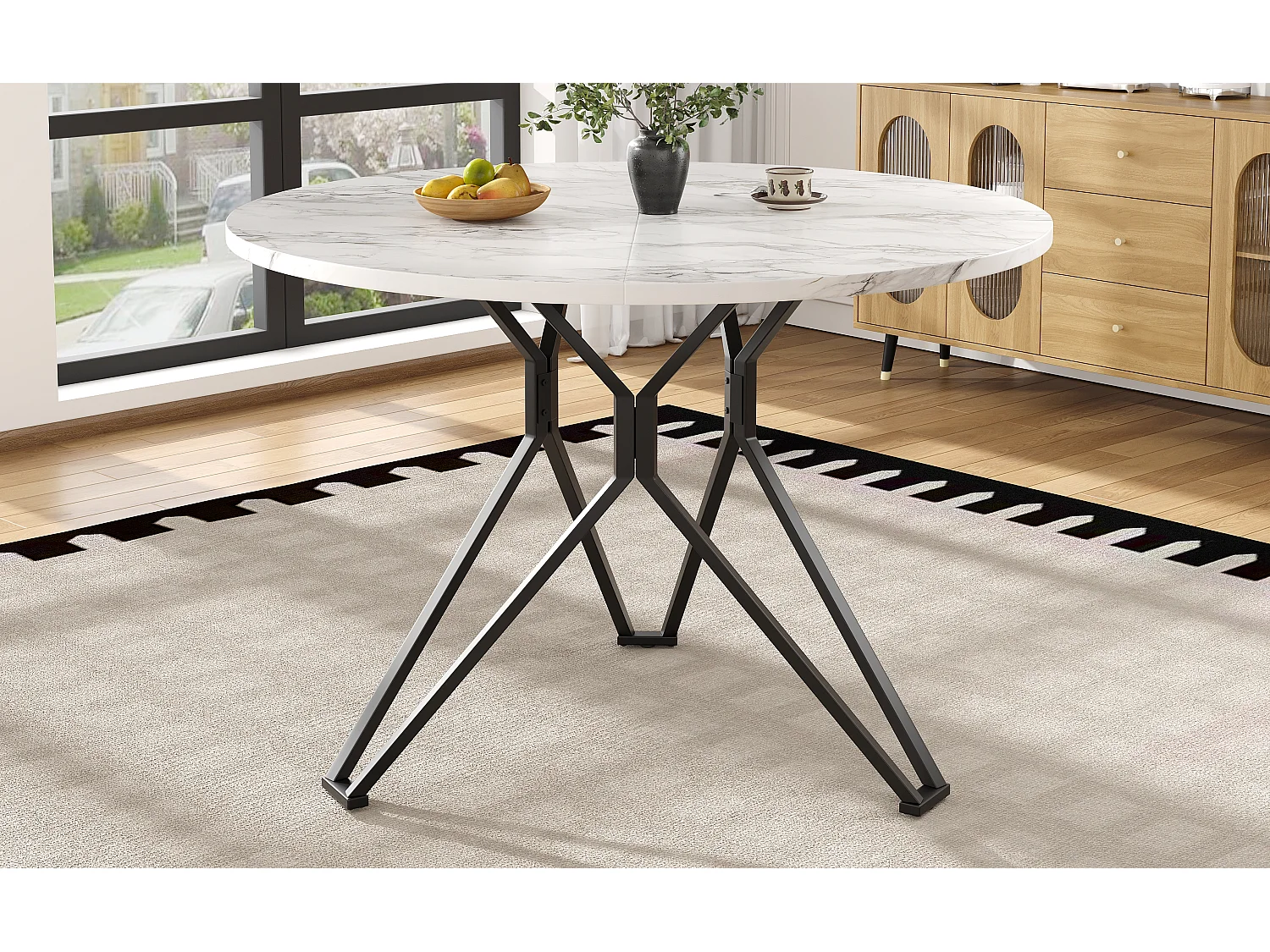 Table à manger 4 places - 100 x 100 x 76 cm - table ronde pieds en métal -  plateau en MDF marbré  - MDF + Métal - noir