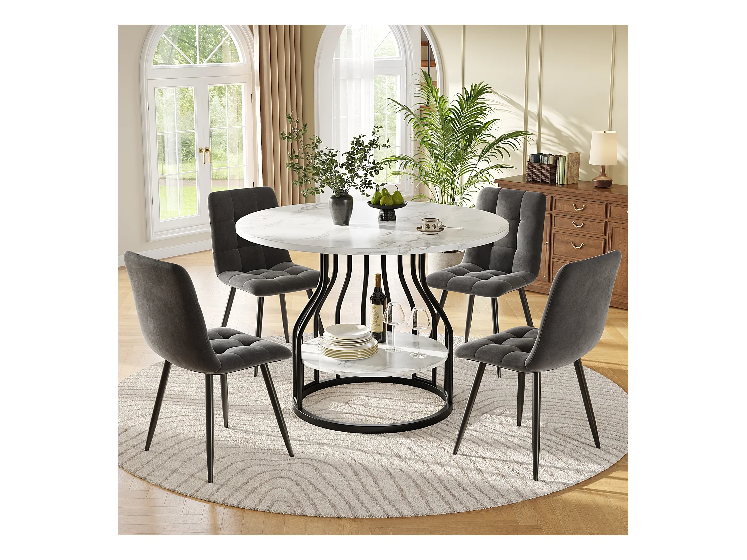 Set mit 5 Esstischen und Stühlen – 80 x 80 x 76 cm – Tisch mit Stauraum + 4 Samtstühle – MDF + Metall – grau