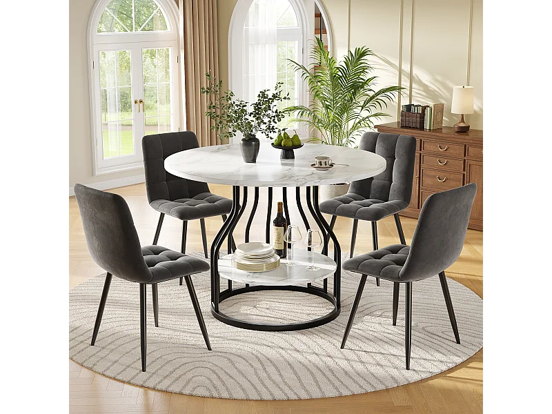 Lot de 5 table à manger et chaises - 80 x 80 x 76 cm -  table avec rangement + 4 chaises en velours - MDF + Métal - gris