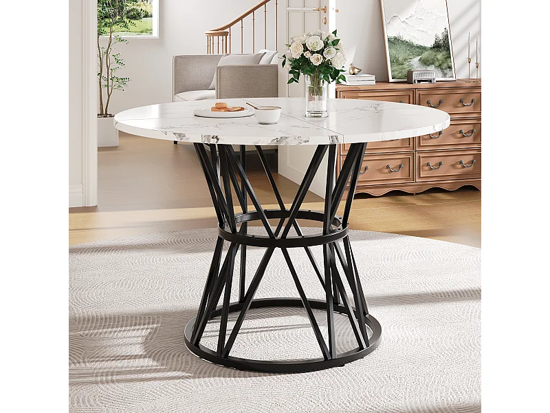 Esstisch für 4 Personen – 100 x 100 x 76 cm – runder Tisch mit Metallbeinen – marmorierte MDF-Platte – MDF + Metall – schwarz