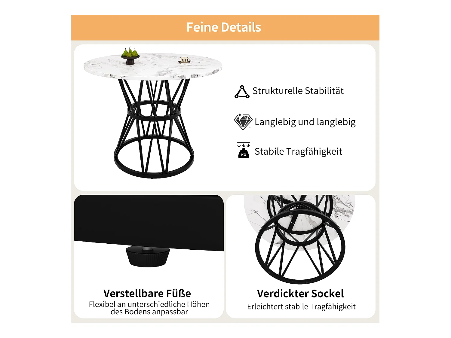 Table à manger 4 places - 100 x 100 x 76 cm - table ronde pieds en métal -  plateau en MDF marbré  - MDF + Métal - noir