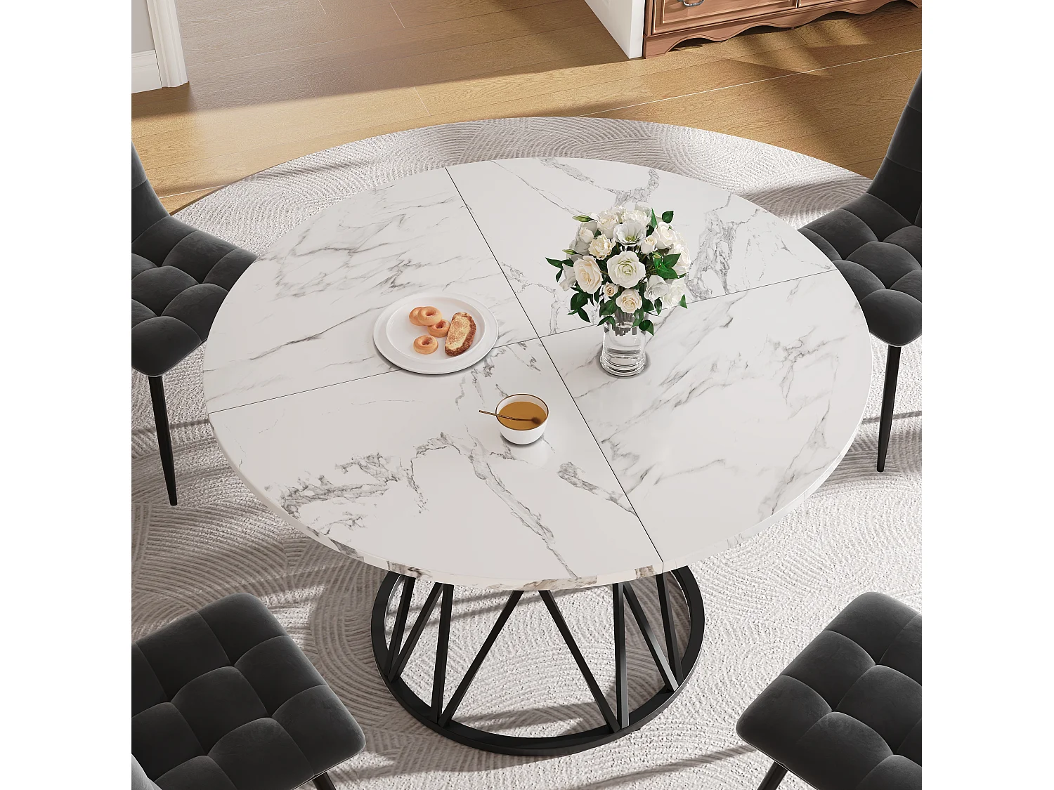 Table à manger 4 places - 100 x 100 x 76 cm - table ronde pieds en métal -  plateau en MDF marbré  - MDF + Métal - noir