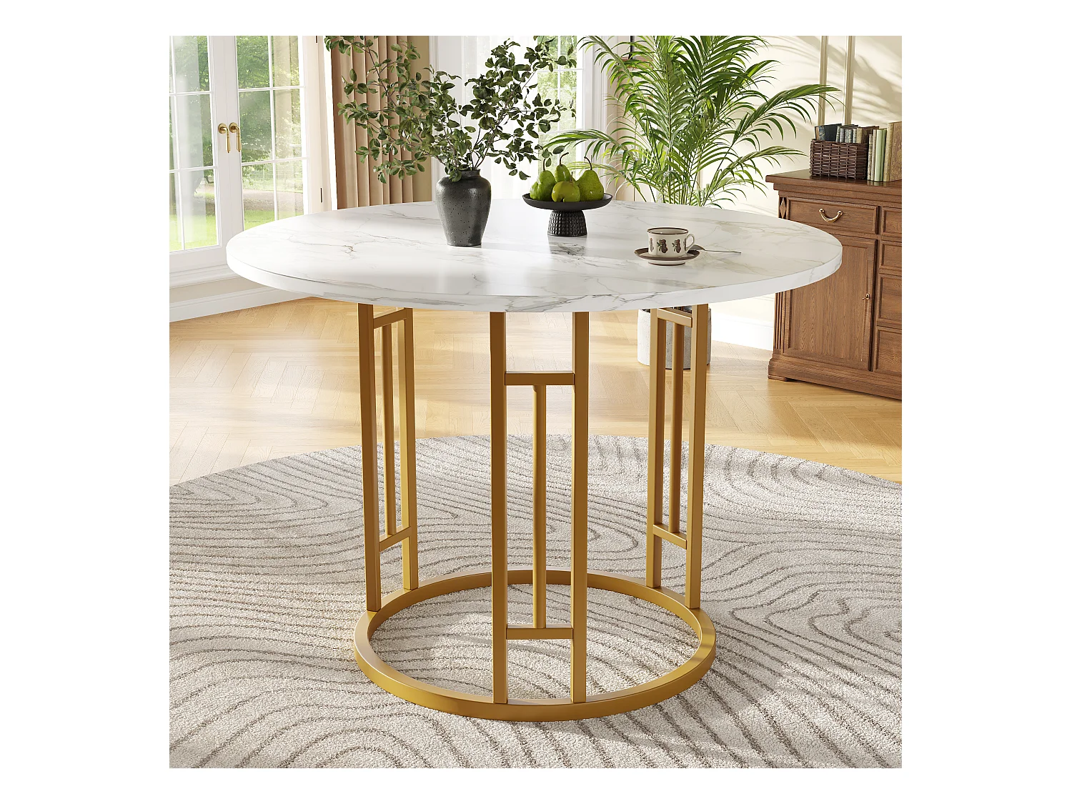 Table à manger 4 places - 80 x 80 x 76cm - table ronde pieds en métal dorés  - plateau en MDF marbré - MDF + métal - blanc