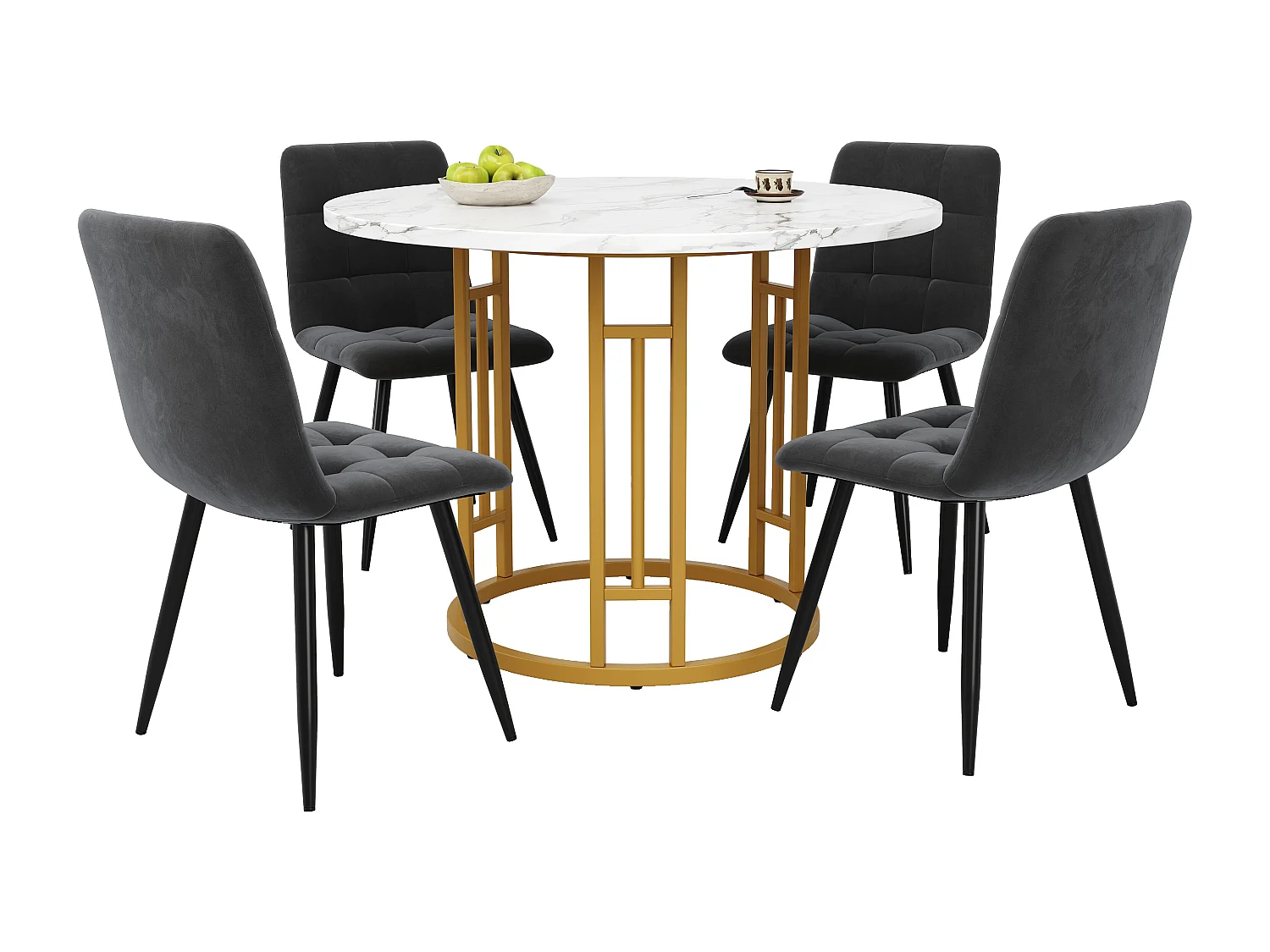 Lot de 5 table à manger et chaises - 80 x 80 x 76 cm -  table plateau en MDF + 4 chaises en velours - MDF + Métal - noir