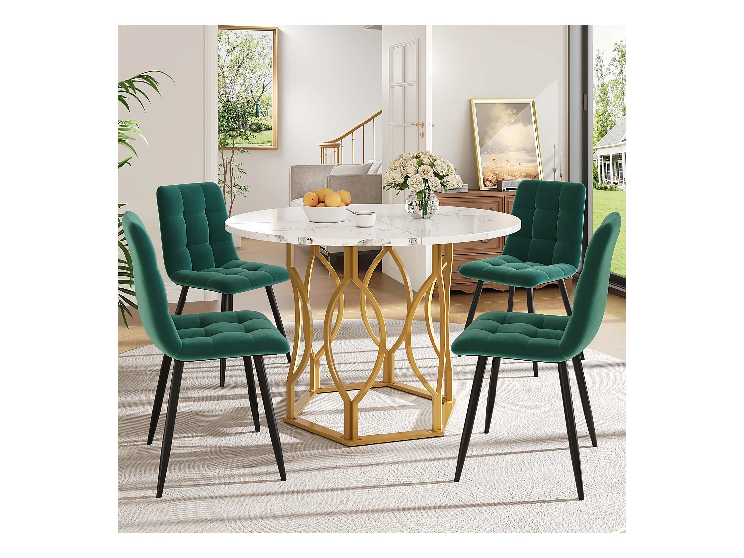 Lot de 5 table à manger et chaises - 100 x 100 x 76 cm -  table plateau en MDF + 4 chaises en velours - MDF + Métal - vert