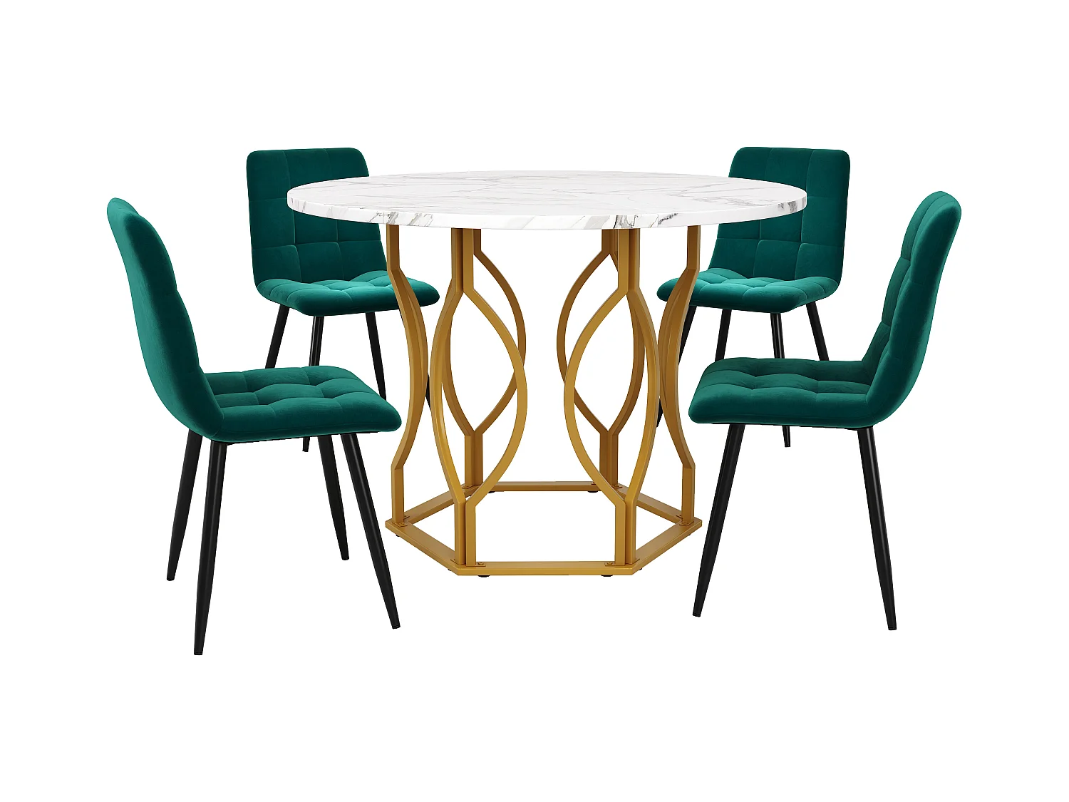 Lot de 5 table à manger et chaises - 100 x 100 x 76 cm -  table plateau en MDF + 4 chaises en velours - MDF + Métal - vert